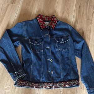 Blue and Red Jean Jacket with Decorative Trim